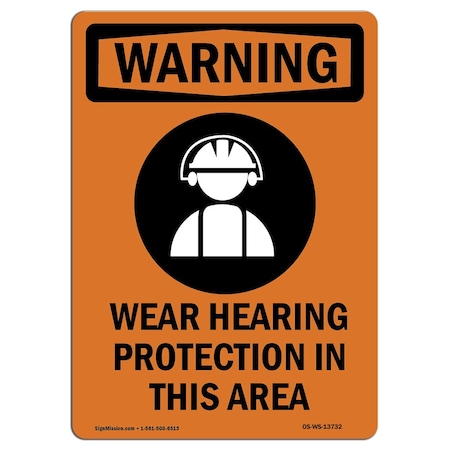 OSHA WARNING Sign, Wear Hearing Protection W/ Symbol, 24in X 18in Rigid Plastic